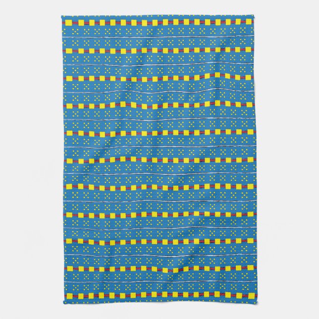 Blue and Yellow Geometric Ethnic Folk art pattern Tea Towel (Vertical)