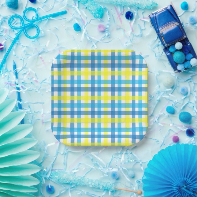 Blue and Yellow Gingham Party Paper Plates (Party)