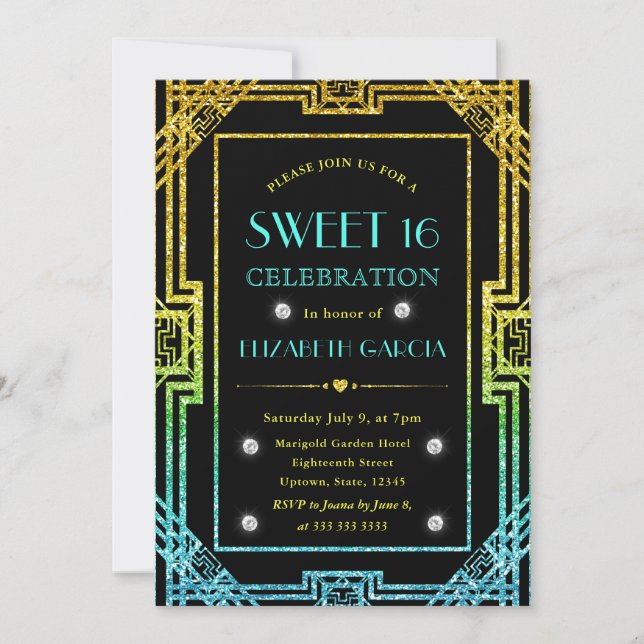 Blue and Yellow Glitter Art Deco Frame Sweet 16 Invitation (Front)