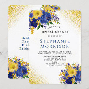 Blue and Yellow Gold Painted Floral Bridal Shower Invitation