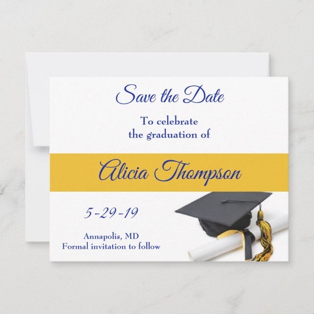 Blue and Yellow Graduation Cap and Tassel Save The Date (Front)