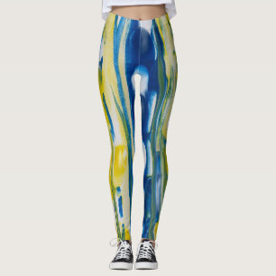 Blue and yellow handmade artwork leggings