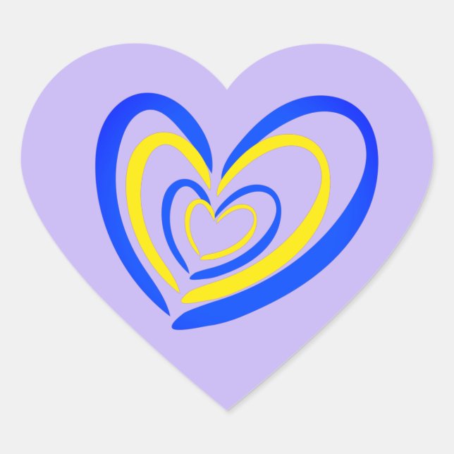 Blue and Yellow Heart on Lavender Ukraine Inspired Heart Sticker (Front)