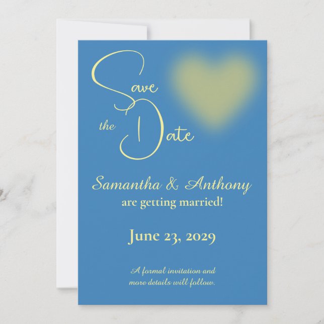 Blue and Yellow Heart Save The Date Card (Front)