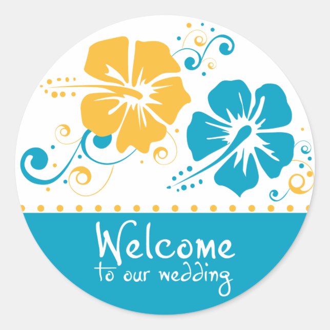 Blue and Yellow Hibiscus Flower Wedding Wedding Classic Round Sticker (Front)