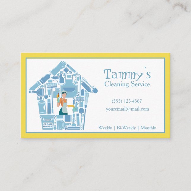Blue and Yellow House Cleaning Service Business Ca Business Card (Front)