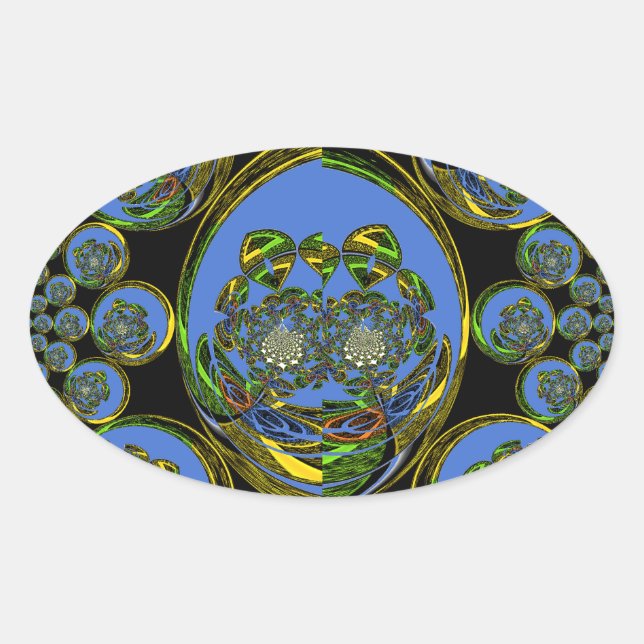 Blue and Yellow Kaleidoscope Art Print Oval Sticker (Front)
