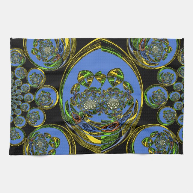 Blue and Yellow Kaleidoscope Art Print Tea Towel (Horizontal)