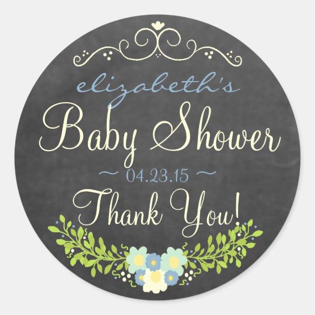 Blue and Yellow Laurel Chalkboard Look Baby Shower Classic Round Sticker (Front)