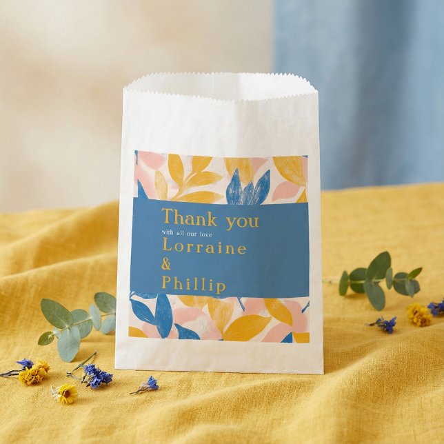 Blue and Yellow Leafy Botanical Wedding thank you Favour Bags (Blue and Yellow Leafy Botanical Wedding thank you Favor Bag.)