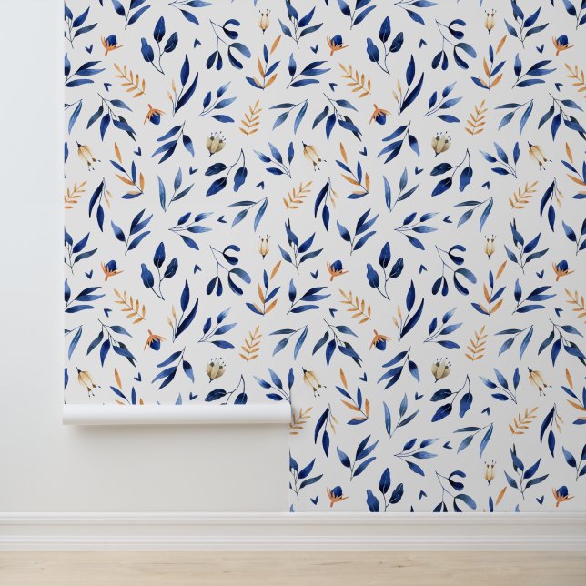 Blue and yellow leavs botanica seamless patterns w wallpaper (Application)