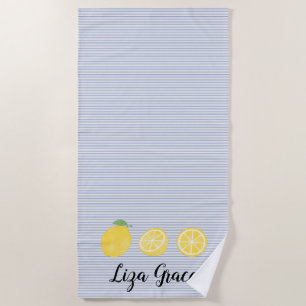 Blue and Yellow Lemon Pinstripe Beach Towel