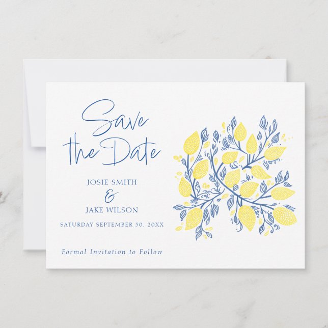 Blue and yellow Lemon vines save the date (Front)