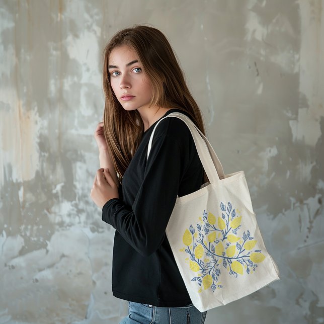Blue and yellow lemon vines tote bag (Refreshing charm of nature Blue and Yellow Lemon Vines Tote Bag.)