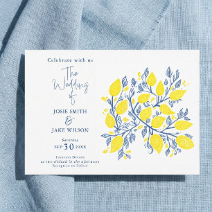 Blue and yellow lemon vines wedding invitation
