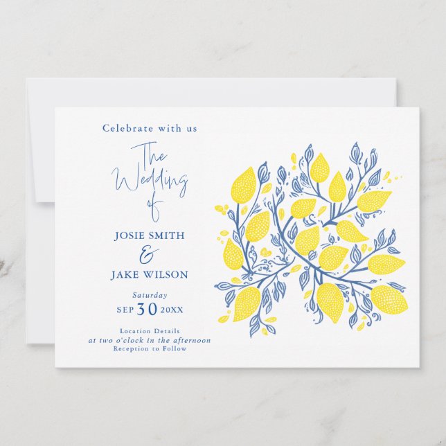 Blue and yellow lemon vines wedding invitation (Front)