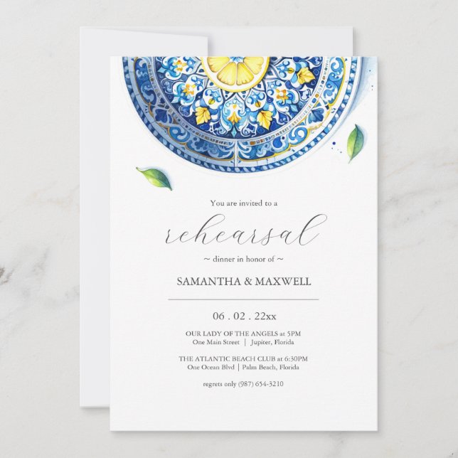 Blue and Yellow Lemon Wedding Rehearsal Dinner Invitation (Front)