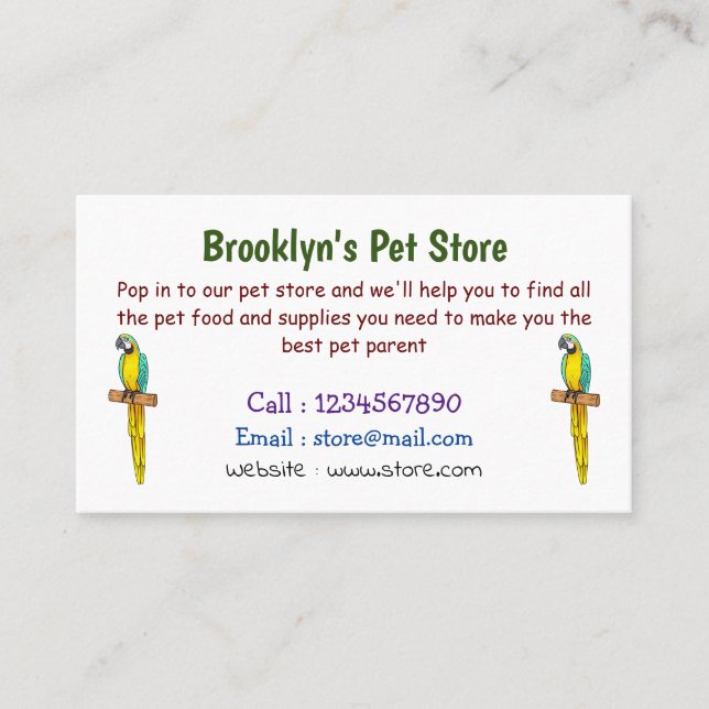 Blue-and-yellow macaw bird cartoon illustration business card (Front)