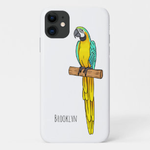 Blue-and-yellow macaw bird cartoon illustration iPhone 11 case