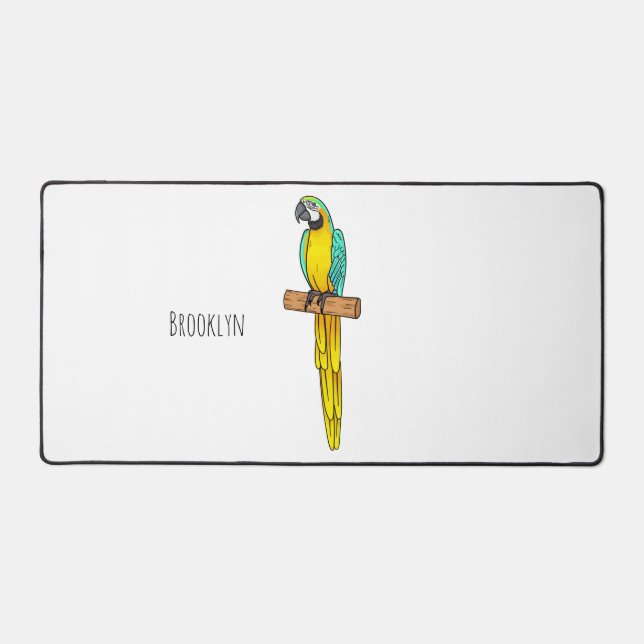 Blue-and-yellow macaw bird cartoon illustration desk mat (Front)
