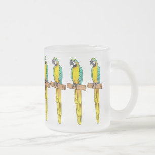 Blue-and-yellow macaw bird cartoon illustration  frosted glass coffee mug