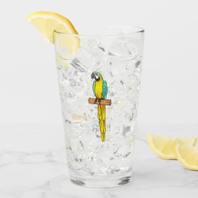 Blue-and-yellow macaw bird cartoon illustration  glass (Front Ice)