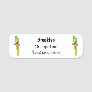 Blue-and-yellow macaw bird cartoon illustration name tag