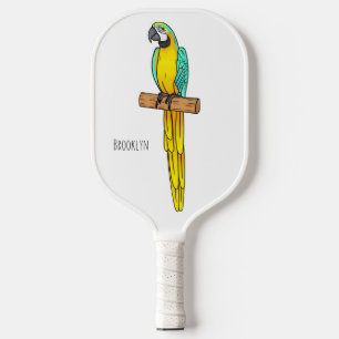 Blue-and-yellow macaw bird cartoon illustration  pickleball paddle