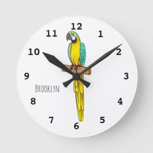 Blue-and-yellow macaw bird cartoon illustration round clock