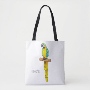 Blue-and-yellow macaw bird cartoon illustration tote bag