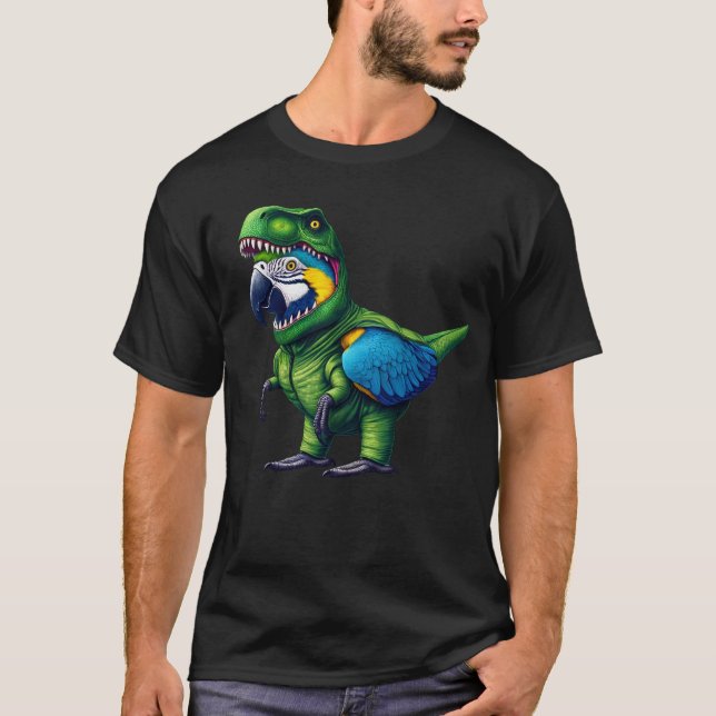 Blue and Yellow Macaw Parrot Wearing Dinosaur T-Shirt (Front)