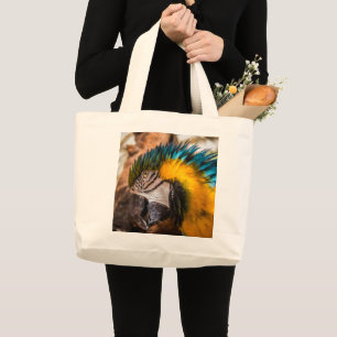 Blue and yellow macaw portrait large tote bag