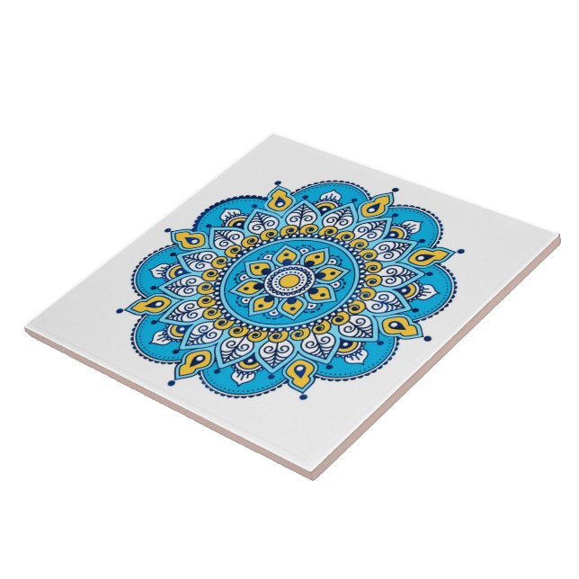 Blue and Yellow Mandala Ceramic Tile. Tile (Side)