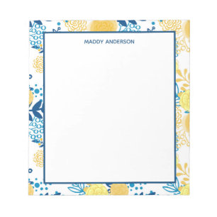Blue and Yellow Marigolds Pattern Personalised Notepad