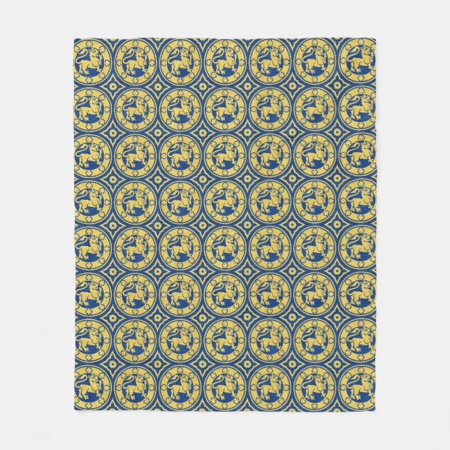 Blue and Yellow Mediaeval Lions Fleece Blanket (Front)