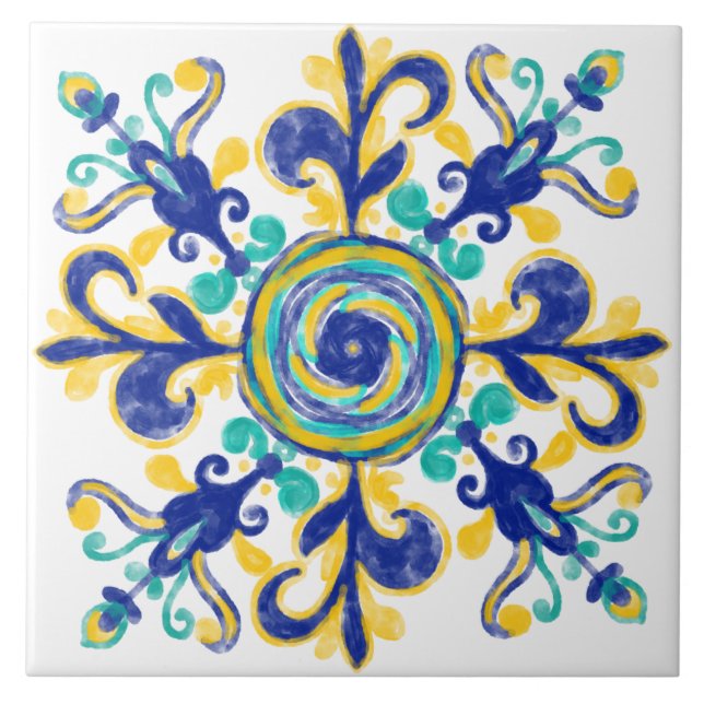Blue And Yellow Mediterranean Decorative Pattern Tile (Front)