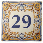 Blue and Yellow Mediterranean House Number Plaque Tile<br><div class="desc">"custom house number sign",  "personalised house number plaque",  "personal customised text plate",  "spanish design ceramic tile",  "mexican latino hispanic style",  "portuguese italian traditional folk art",  "blue yellow decorative ornate no",  "gold cream navy white",  "villa casa del della",  "antique vintage mediterranean abstract"</div>