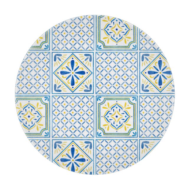 Blue and Yellow Mediterranean Italian Tile Cutting Board (Front)