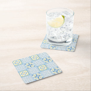 Blue and Yellow Mediterranean Italian Tile Square Paper Coaster