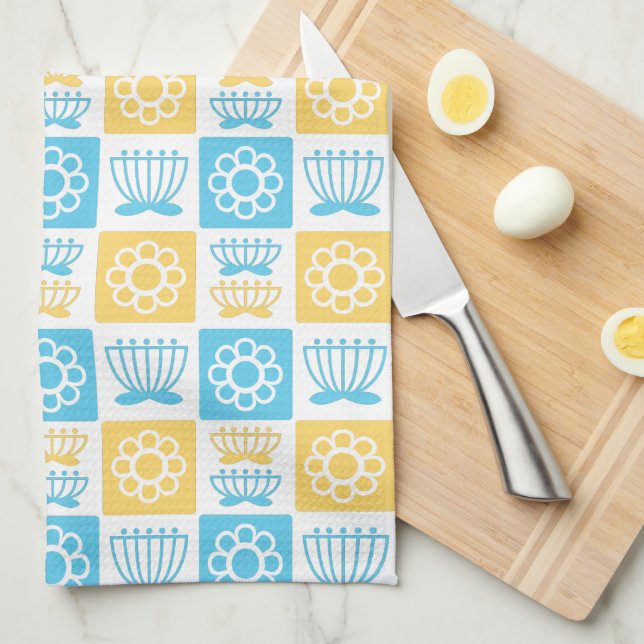 Blue and Yellow Modern Flower Pattern Tea Towel (Quarter Fold)