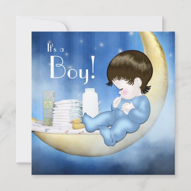 Blue and Yellow Moon Baby Boy Shower Invitation (Front)