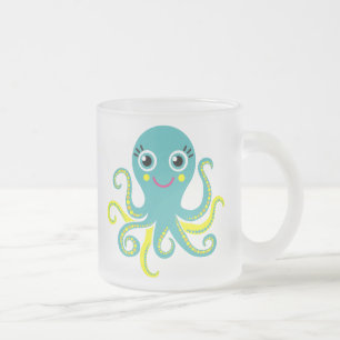 Blue and Yellow Octopus Frosted Glass Coffee Mug