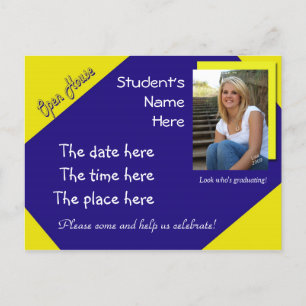 blue and yellow open house graduation postcard