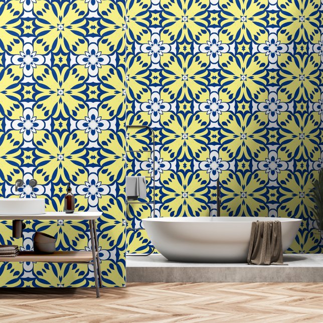 Blue and yellow oriental decor wallpaper (Bathroom)