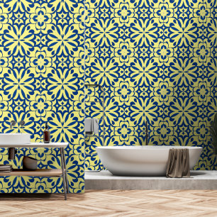 Blue and yellow oriental decor wallpaper