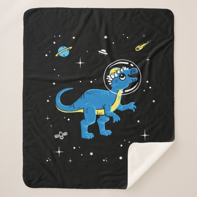 Blue And Yellow Pachycephalosaurus Dinos In Space Sherpa Blanket (Front)