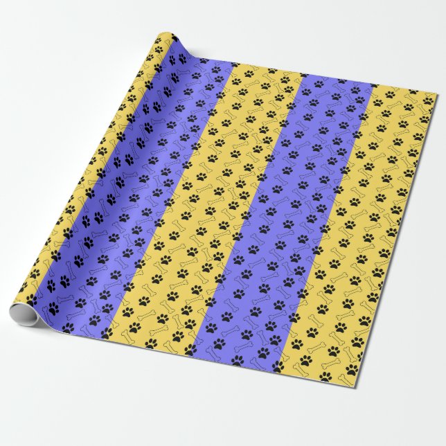 Blue and Yellow Paw Print Wrapping Paper (Unrolled)