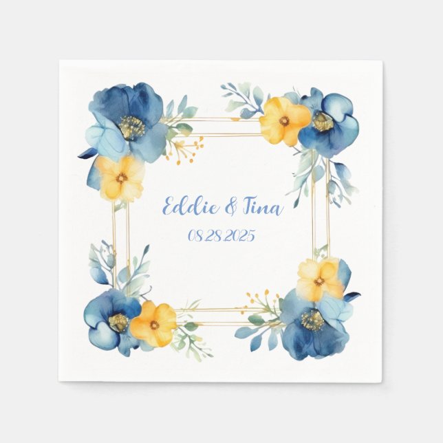 Blue and Yellow Peony Square Floral Wedding Napkin (Front)