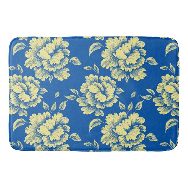 Blue and Yellow Peony Toile - French Country Decor Bath Mat (Front)