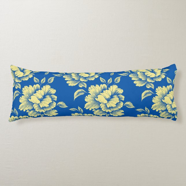 Blue and Yellow Peony Toile - French Country Decor Body Cushion (Front)